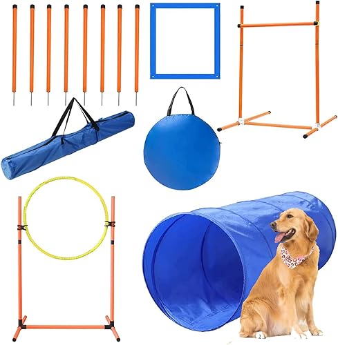 PLKO Juego de equipo de agilidad para perros, kit de entrenamiento para carreras de obstáculos para perros, 8 postes de tejido, obstáculo ajustable,