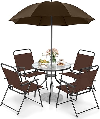 Tangkula Juego de comedor plegable de 6 piezas, 4 sillas y mesa redonda de 31.5 pulgadas, sombrilla de patio incluida, para interior y exterior,