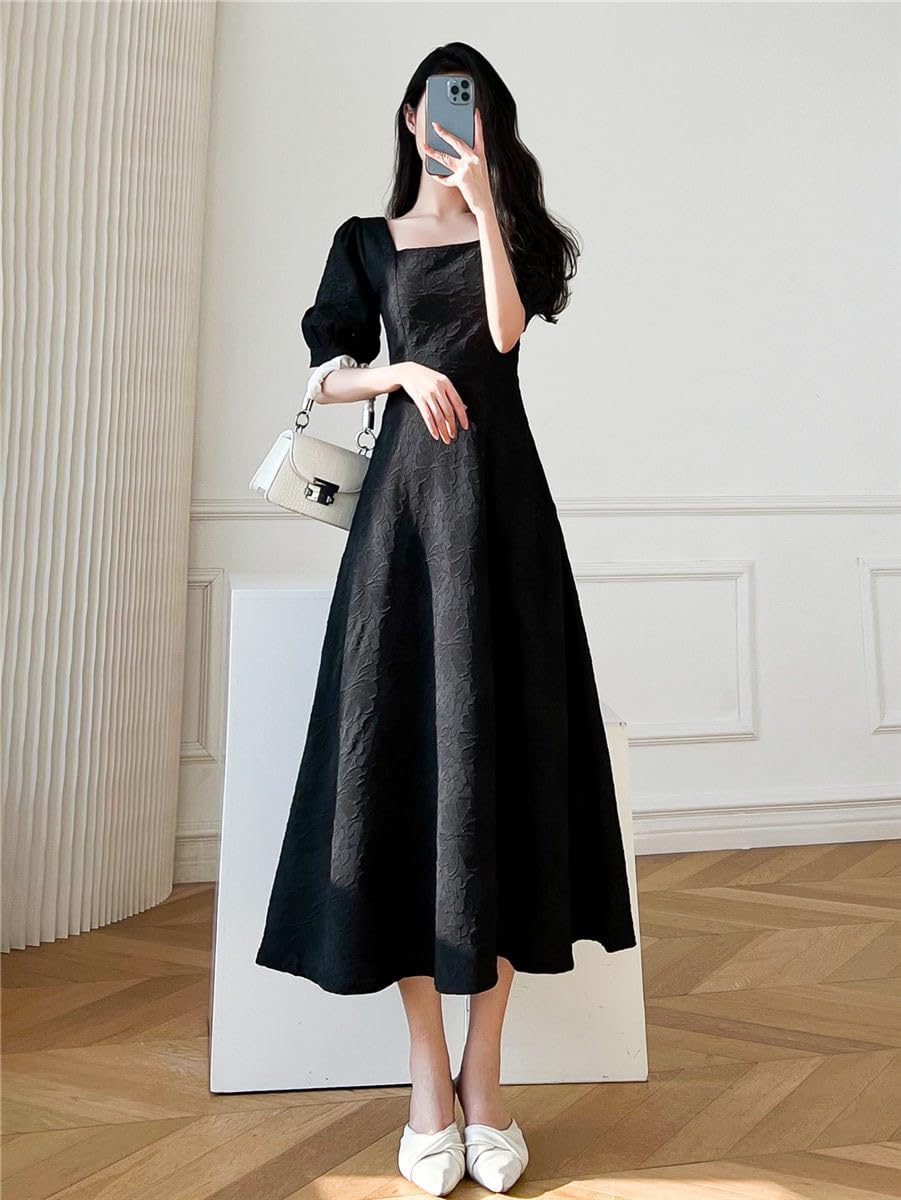 QQLady 2023 Französisches Kleid mit quadratischem Ausschnitt, Damen-Sommerkleid mit quadratischem Ausschnitt und Puffärmeln, Retro-Taille, schlankmachendes, sanftes Kleid (White,Small)