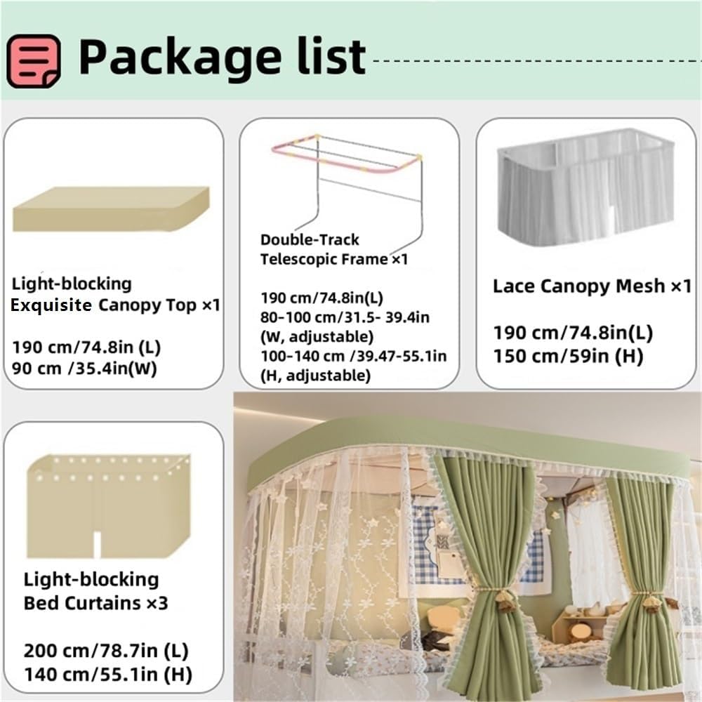 Bunk Bed Canopy Curtain with Sturdy Frame, Bed Tent for Top and Lower Bunk, Height Adjustable Canopy Set with Mosquito Net for Bedroom, Dorm(Light Blue)