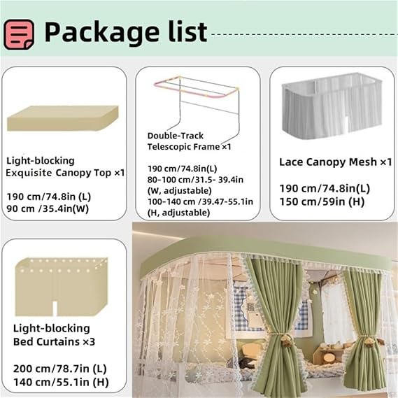 Bunk Bed Canopy Curtain with Sturdy Frame, Bed Tent for Top and Lower Bunk, Height Adjustable Canopy Set with Mosquito Net for Bedroom, Dorm(Light Blue)