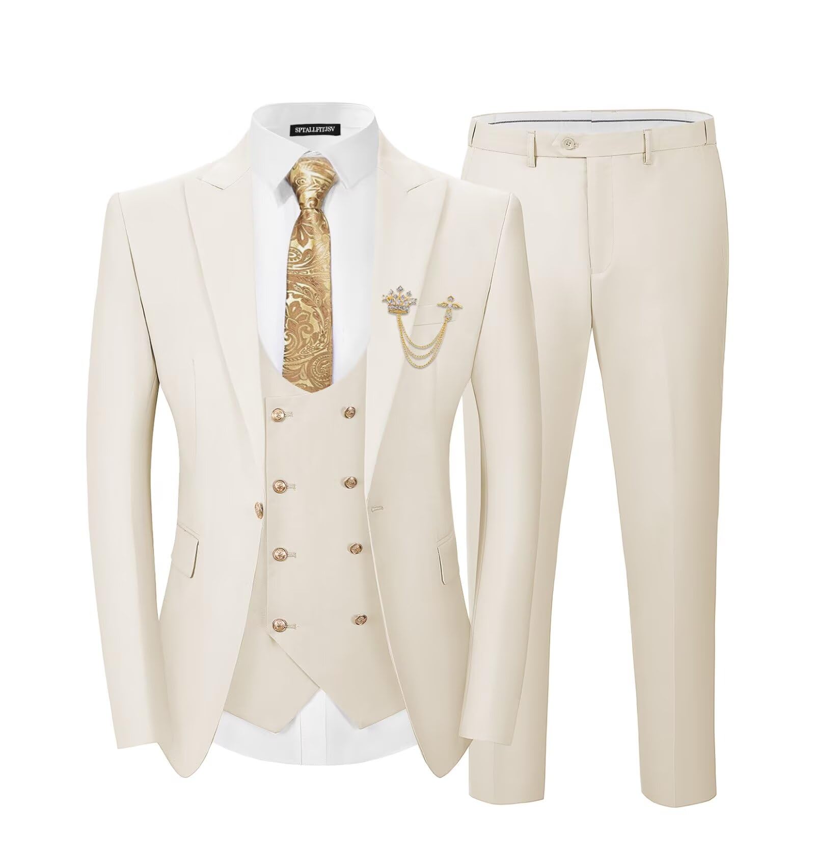 Men's 3 Piece Suits Slim Fit, Blazer Double Breasted Vest and Pants, Gold Button