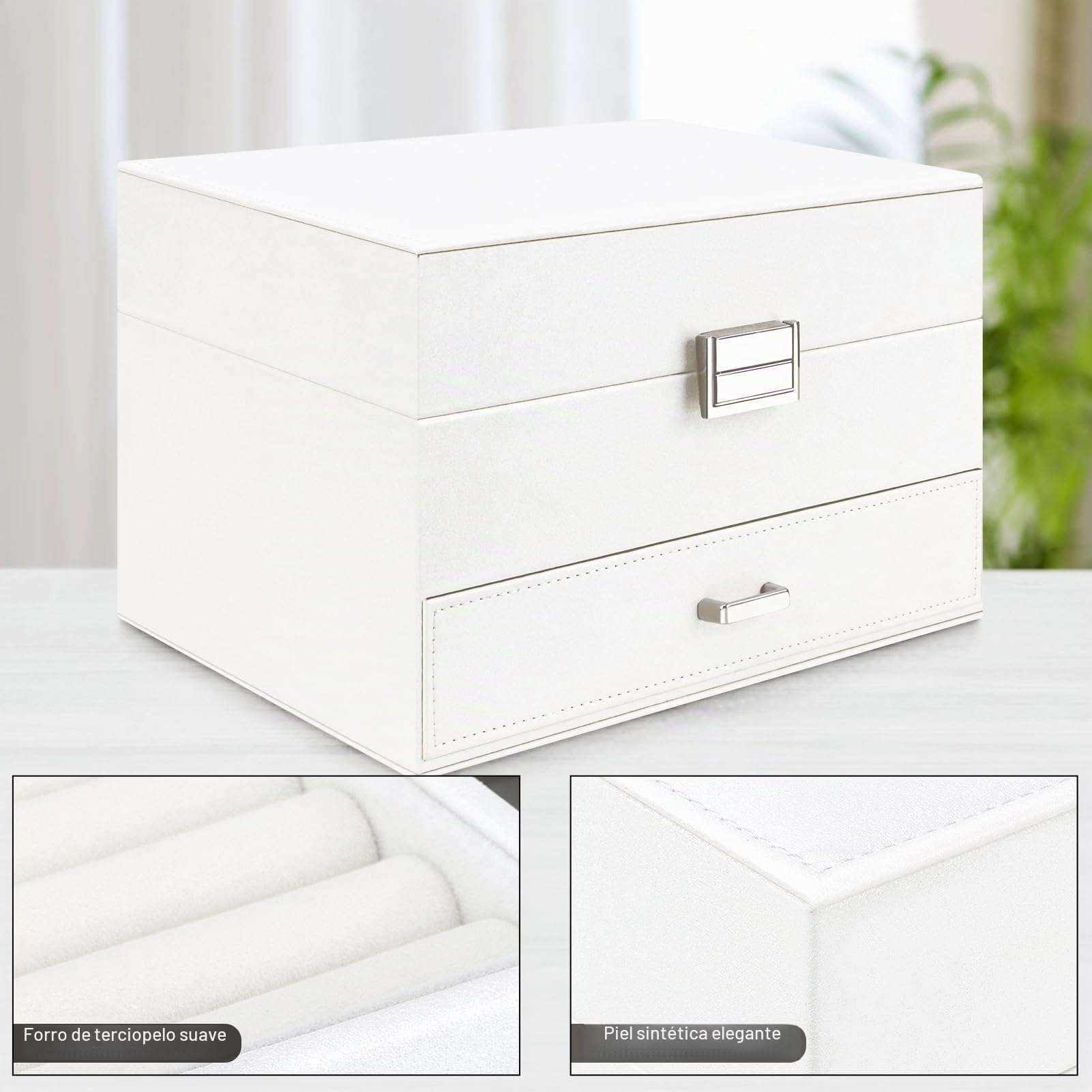 Caja joyero de 3 Niveles con Cajones y Cerradura, Caja para Joyas, Caja organizadora con bandejas, Organizador de Joyas para Pulseras, Pendientes, Anillos, Collares, Dia de la Madre, Blanco