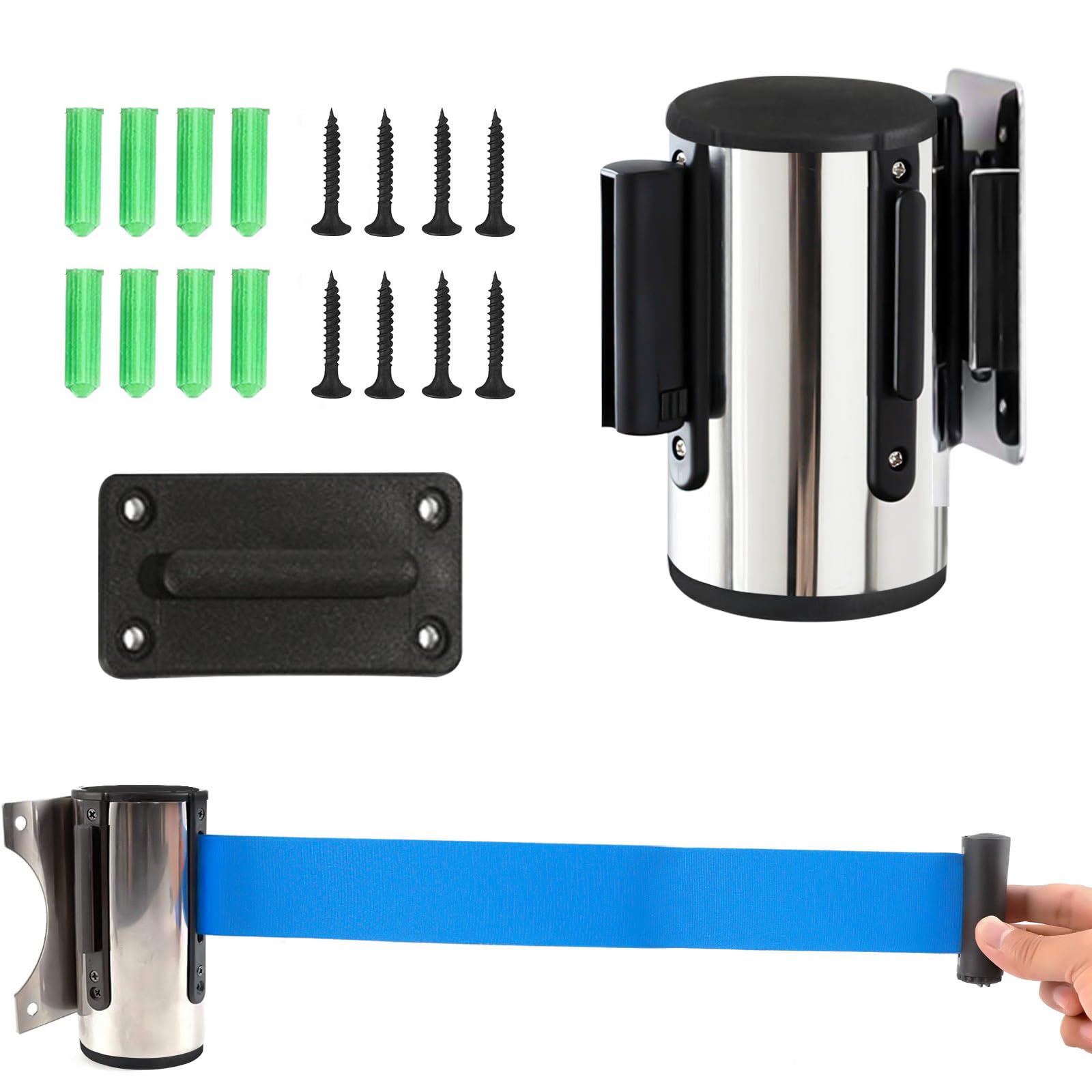5M Cinturón Barrera Retráctil para Montaje en Pared Queue Barrier Seguridad Barrera Cinturón Queue Barrier Acero Inoxidable Cinturón de Seguro para Crowd Control Azul