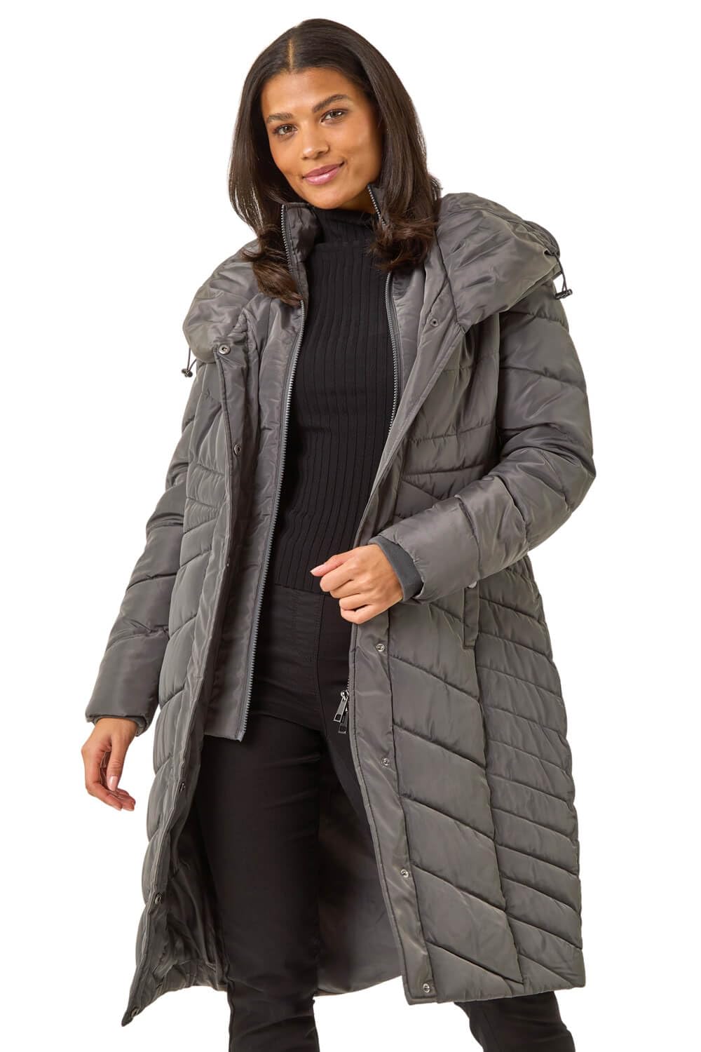 Roman Women's Charcoal Hooded Quilted Coat In Size 20