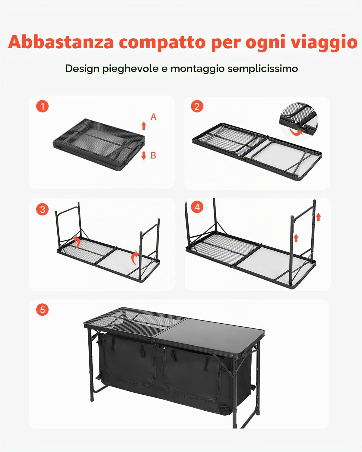 VEVOR Tavolo da Cucina da Campeggio, 3 Altezze Regolabili, Stazione di Cottura Portatile Leggera in Alluminio con Organizzatore per Riporre Oggetti, Maniglia per Trasporto, per Barbecue, Feste, Nero