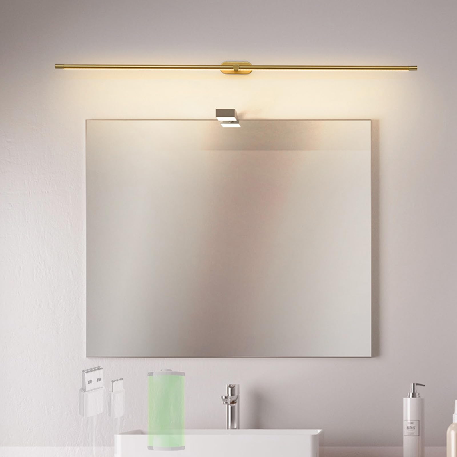 TZSMUM LED Rechargeable Mirror Lights Wall Lamps Battery Operated Bathroom Wall Sconce with Touch Control Modern Long Strip Wall Lights for Mirror Vanity Living Room Bedroom (Gold Neutral Light,98cm)