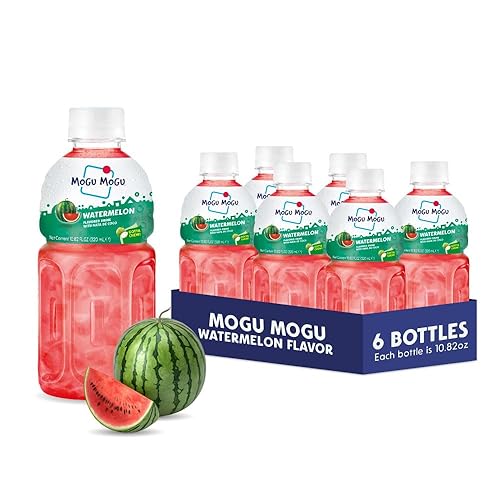 Mogu Mogu Watermelon Juice Drink with Nata de Coco (Coconut Jelly) – Chewy Fruit Beverage for Kids & Adults, 6 Pack Bottles, 10.82 fl oz Each