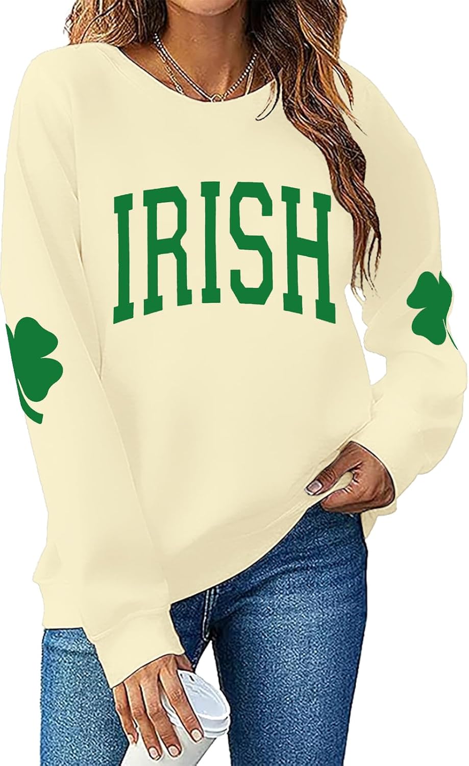 TAOHONG Women St. Patrick's Day Sweatshirts Shamrock Shirt Clover Printed Long Sleeve Irish Gift Casual Loose Fit Tops