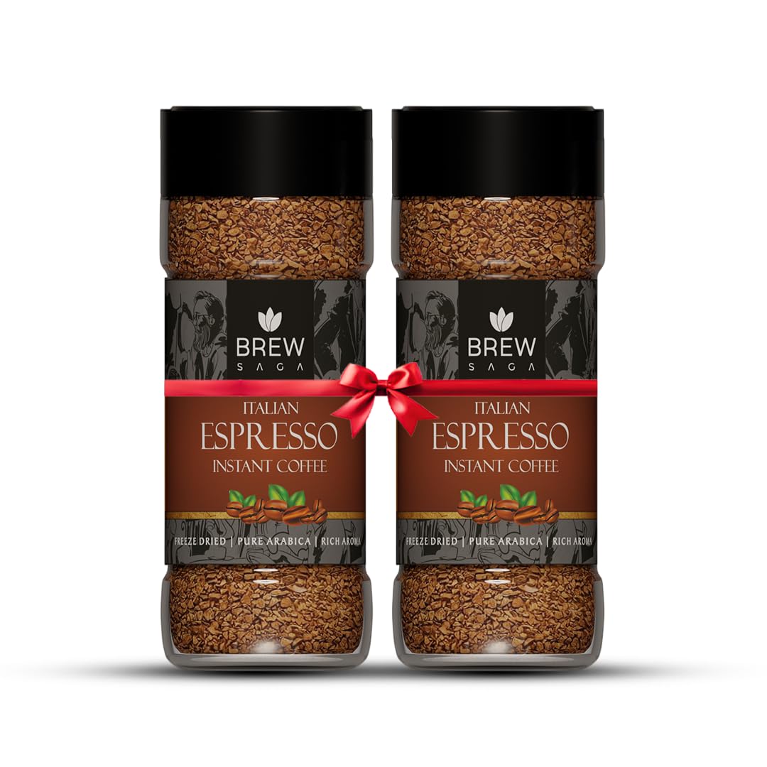 BREWSAGA Espresso Instant Coffee | Premium Freeze-Dried Arabica Blend | Bold & Intense Flavor with Rich Crema | 2 x 50g Jars | 100% Pure Coffee, No Added Sugar | Cafe-Style Strong Coffee at Home