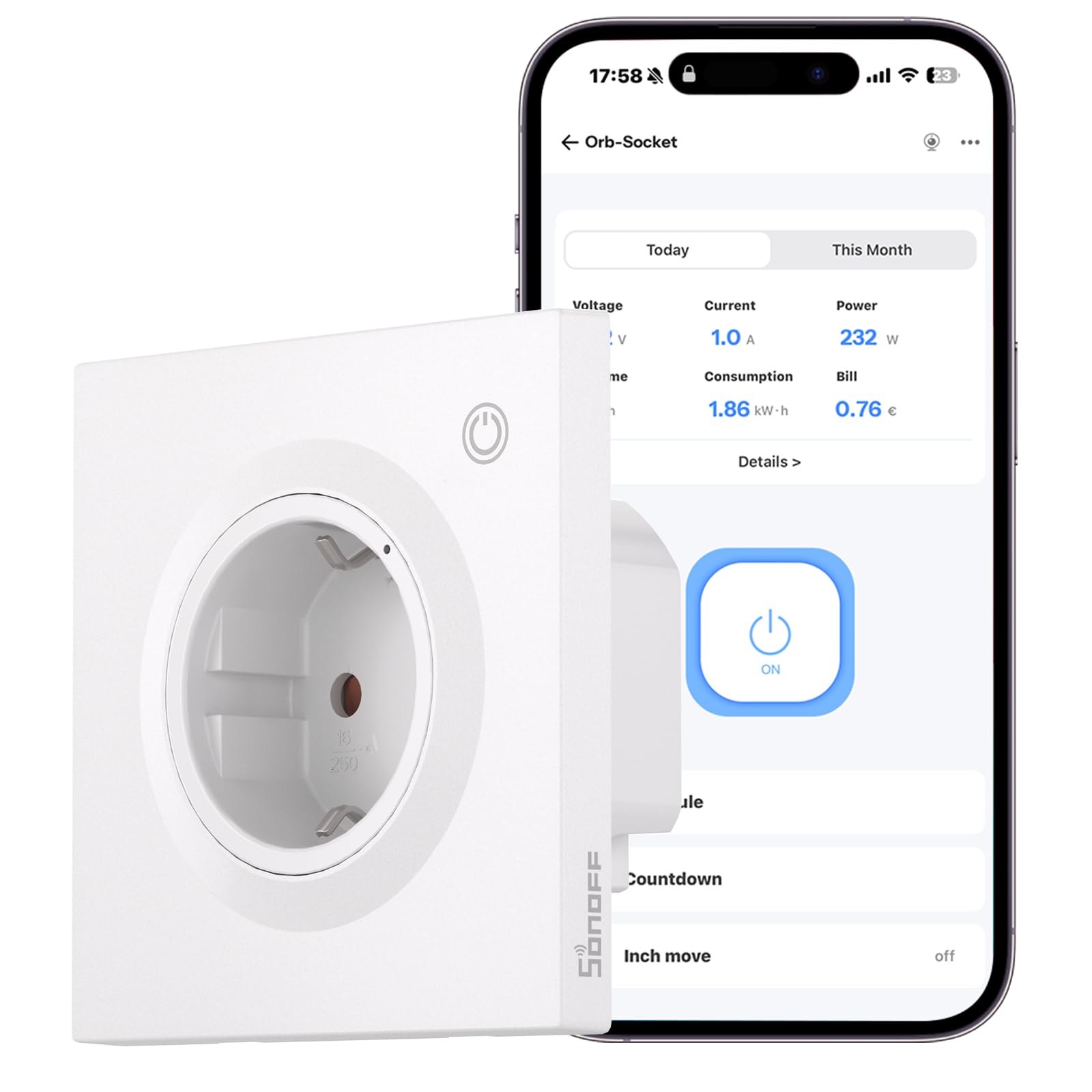 SONOFF Fusion, Orb Socket(Shuko), WS01TPF-E, Inteligentne Gniazdko Ścienne, Kompatybilne z Matter, Wi-Fi 2.4GHz, Norma UE, 16A, 4000W, Monitorowanie Energii, Zabezpieczenie Przeciążeniowe