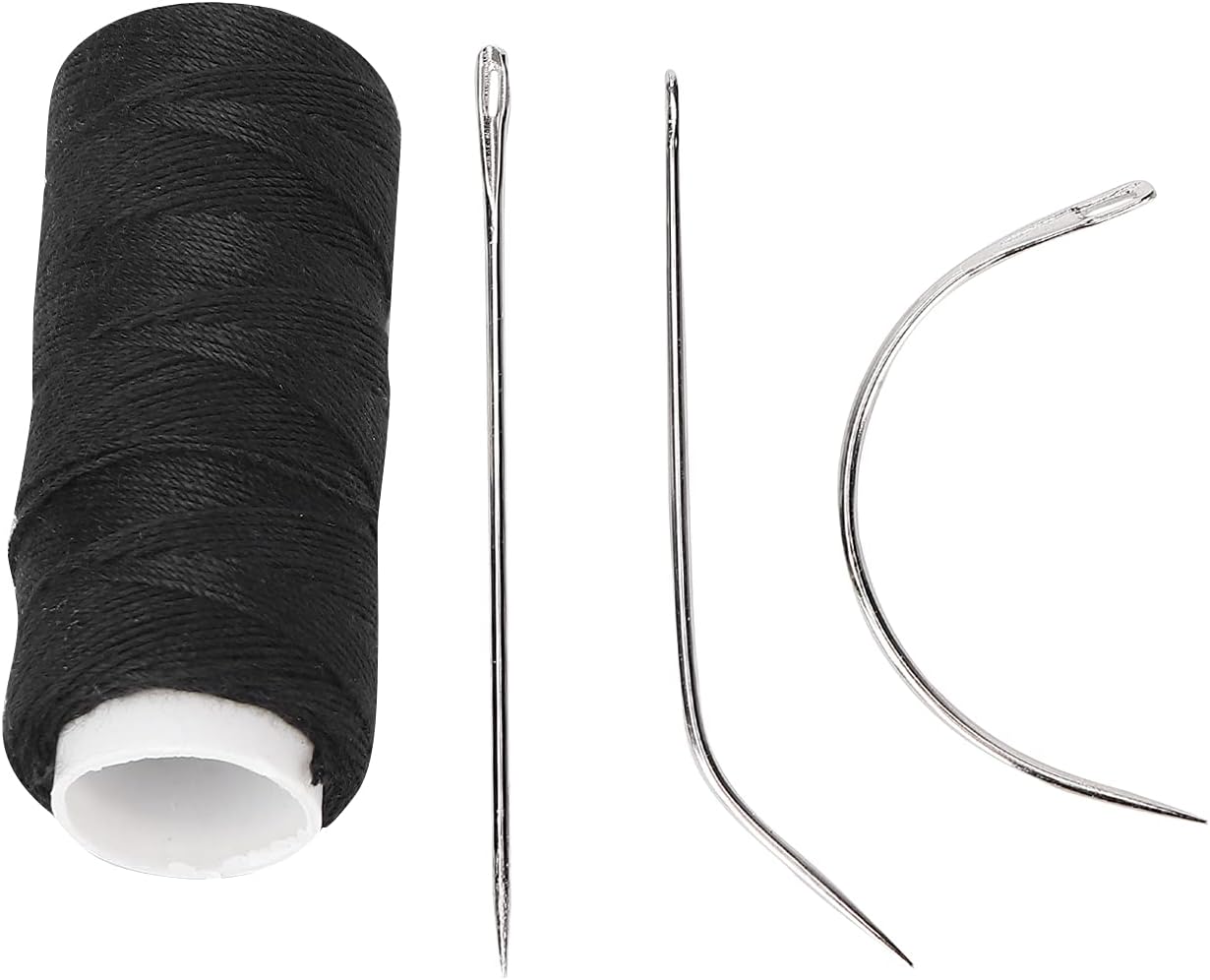 Hair Thread and Needle Set with Black Weaving Thread and Straight/Curved Needles Perfect for Hair Extensions Wig Construction and Styling, Long-Lasting Results Ideal for Professional and DIY Use