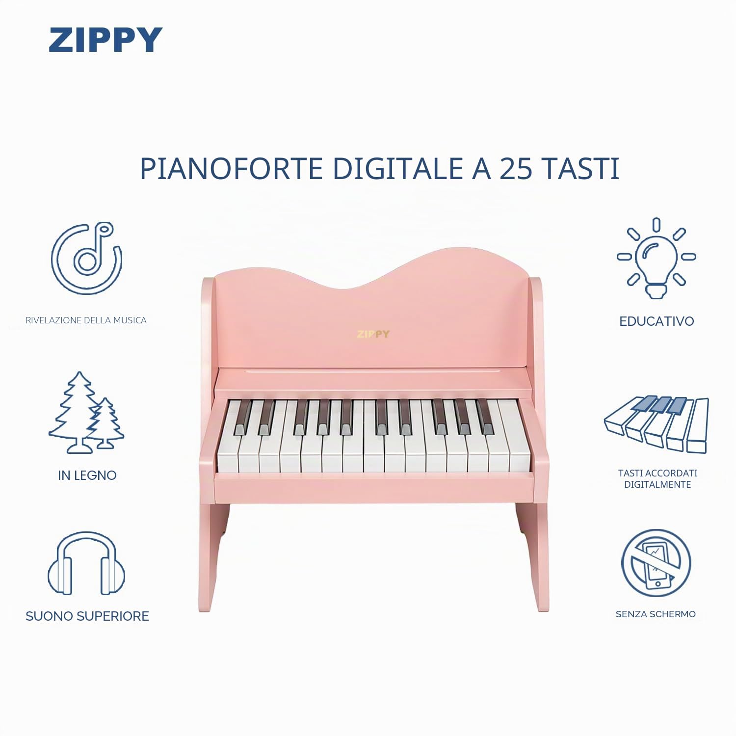 ZIPPY Tastiera Pianoforte per Bambini, 25 tasti digitale, volume regolabile, mini strumento educativo musicale, giocattolo in legno per ragazze e ragazzi. (Rosa)