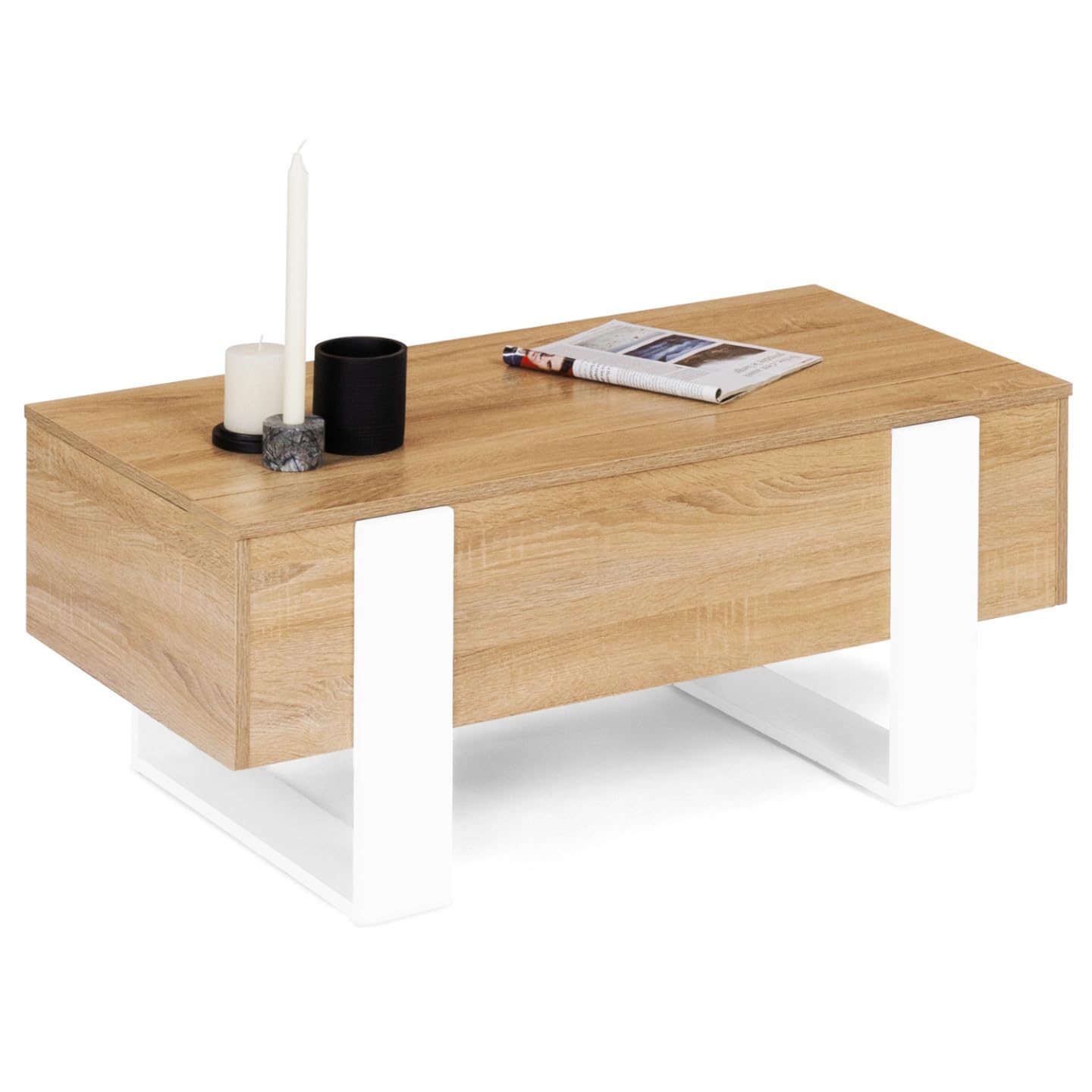 IDMarket - Mesa baja con bandeja elevable rectangular Phoenix Madera y Blanco