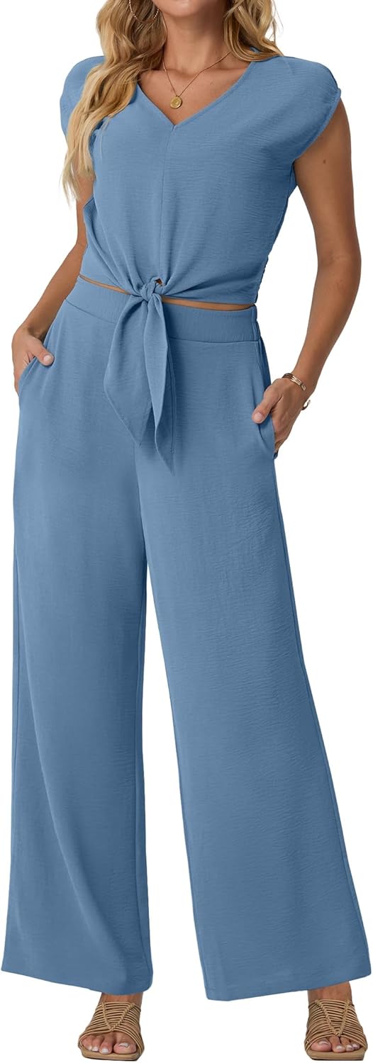 Lepunuo Women Summer 2 Piece Outfits Cap Sleeve V Neck Belted Crop Tops Casual Wide Leg Pants Matching Sets Travel Outfits