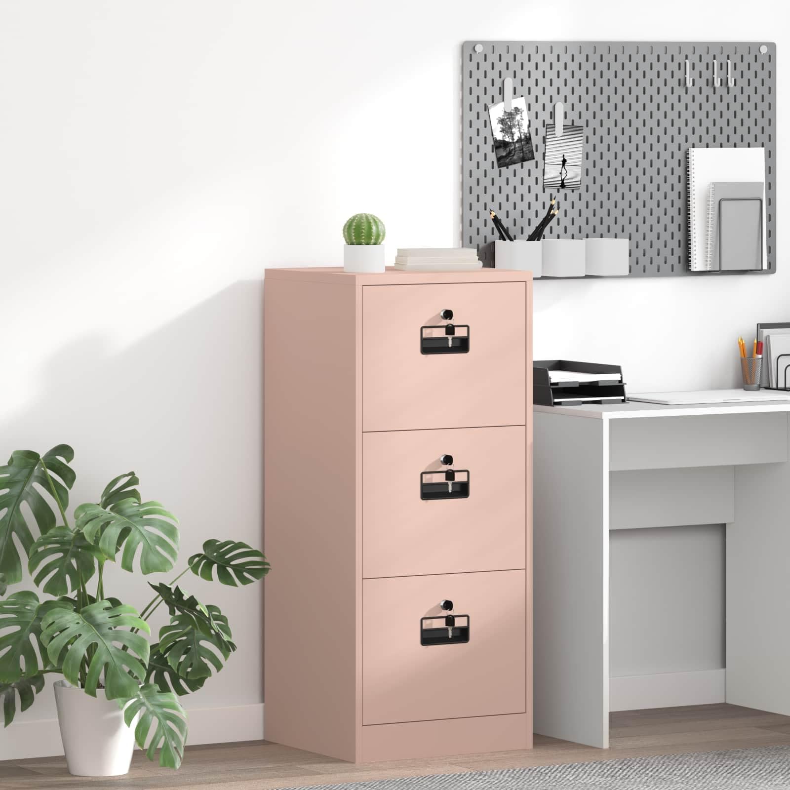 Armoire de Rangement Rose avec 3 Tiroirs en Acier Laminé à Froid Dimensions 45,5 x 42 x 106,5 cm pour Bureau Chambre Studio avec Serrures Sécurisées et Étagères Coulissantes