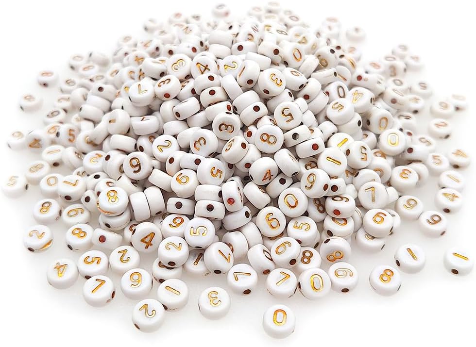 200+ Pieces 4x7mm White Round Acrylic Number Beads 0-9 Mixed Plastic Shape Loose Beads for Jewelry Making Bracelets Necklaces Key Chains (Gold on White) - Image 3