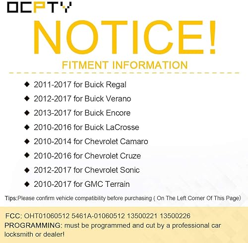 Miniatura 2 de OCPTY 2 unidades de repuesto para llavero remoto sin cortar para GMC Terrain/Buick/para Chevrolet Series OHT01060512 5461A-01060512 13500221 13500226
