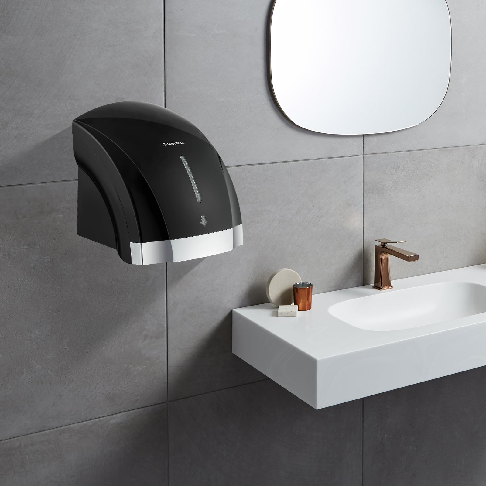 modunful Asciugamani Automatico con Sensore a Infrarossi per Bagno Casa, Basso Rumore 2000W Asciugamani Elettrico a Parete, Coperchio Compatto in ABS, Nero
