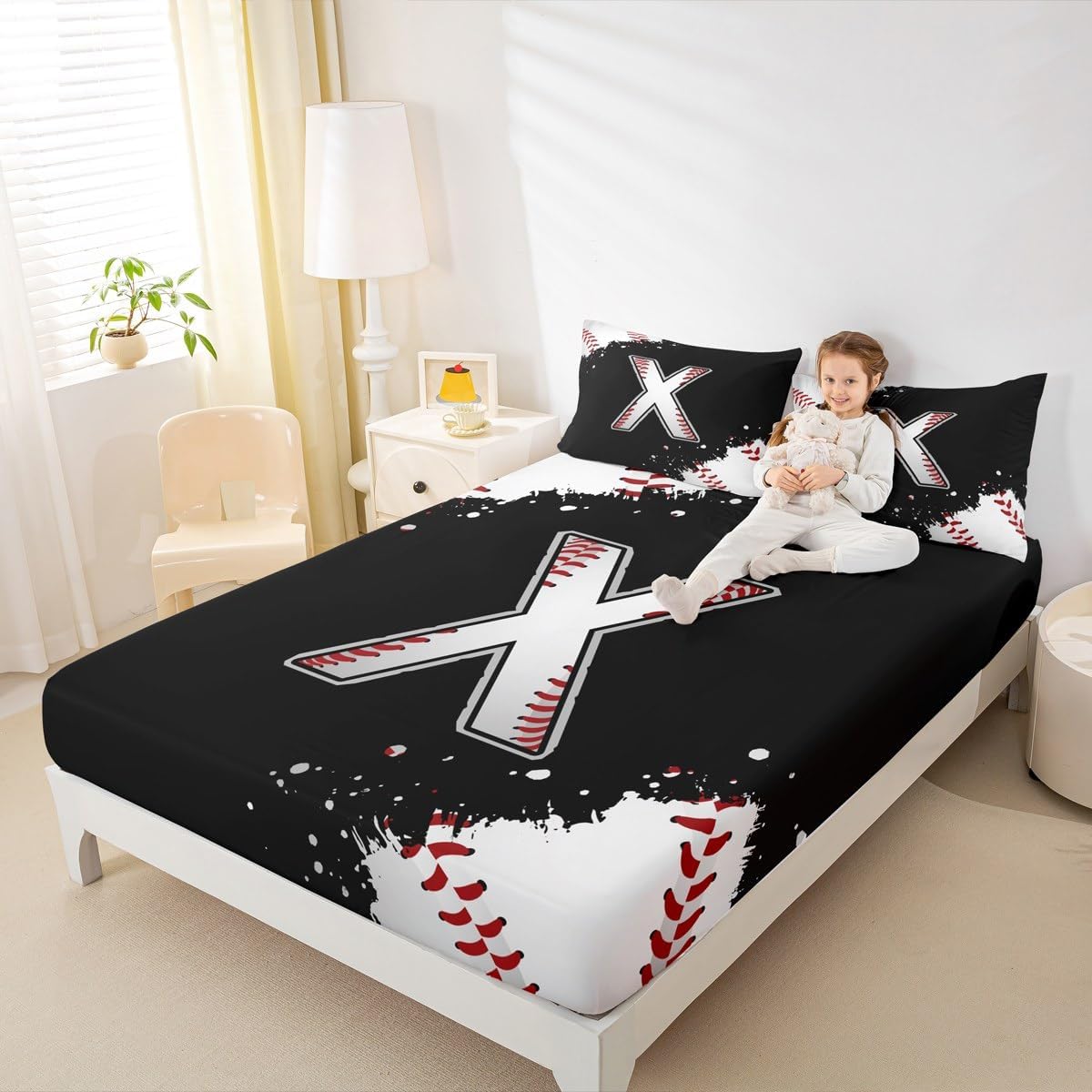 Initial Letter X Chic Fashion Bedding Set Full Size,Ball Sports Games Competition Fitted Sheet No Top Sheet,Baseball Sheet Set for Kids Teens Adults Bedroom Decor,2 Pillowcases
