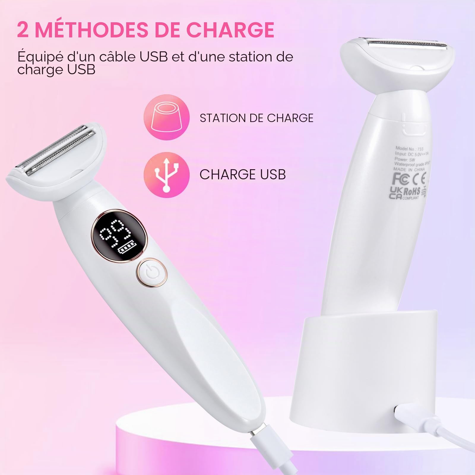 Rasoir Electrique Femme, 5 en 1 Epilateur Electrique, USB Rechargeable Rasoir Indolore, IPX7 Étanche Tondeuse Femme Intime pour Visage, Bras, Jambes, Aisselles