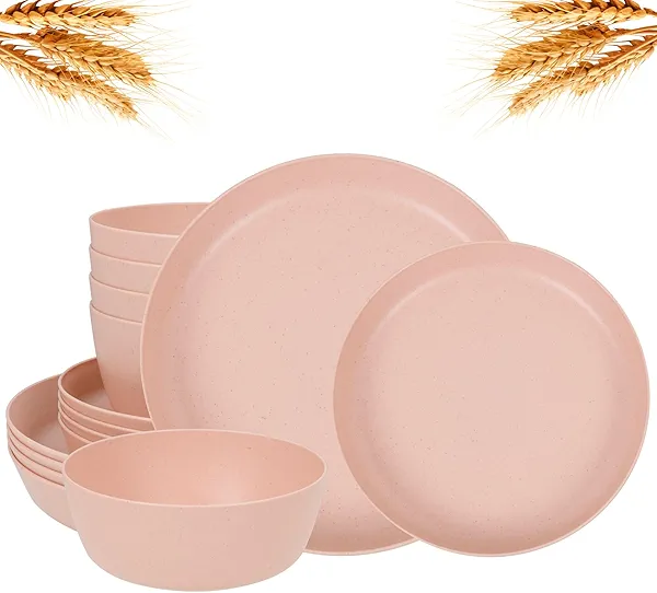 EI 12pcs Pink Wheat Straw Plates,Wheat Straw Dinnerware Set for 4,Plates and Bowls Sets,Plastic Plate Reusable,Unbreakable Plastic Plate Melamine,Camping Family Dishes Set