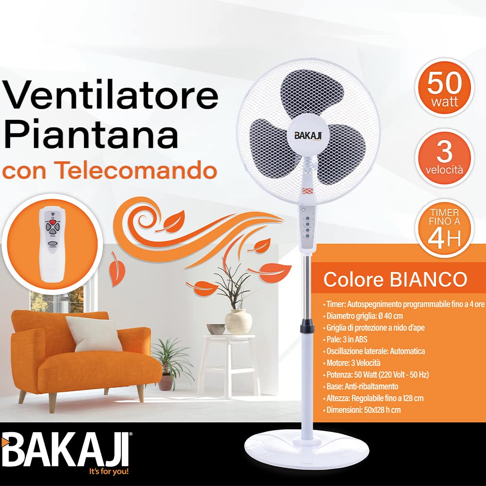 BAKAJI Ventilatore a Colonna Piantana Potenza 50W Diametro Pale 40cm 3 Velocità Selezionabili Funzione Timer Altezza regolabile Oscillazione Orizzontale e Telecomando x Controllo a Distanza (Bianco)