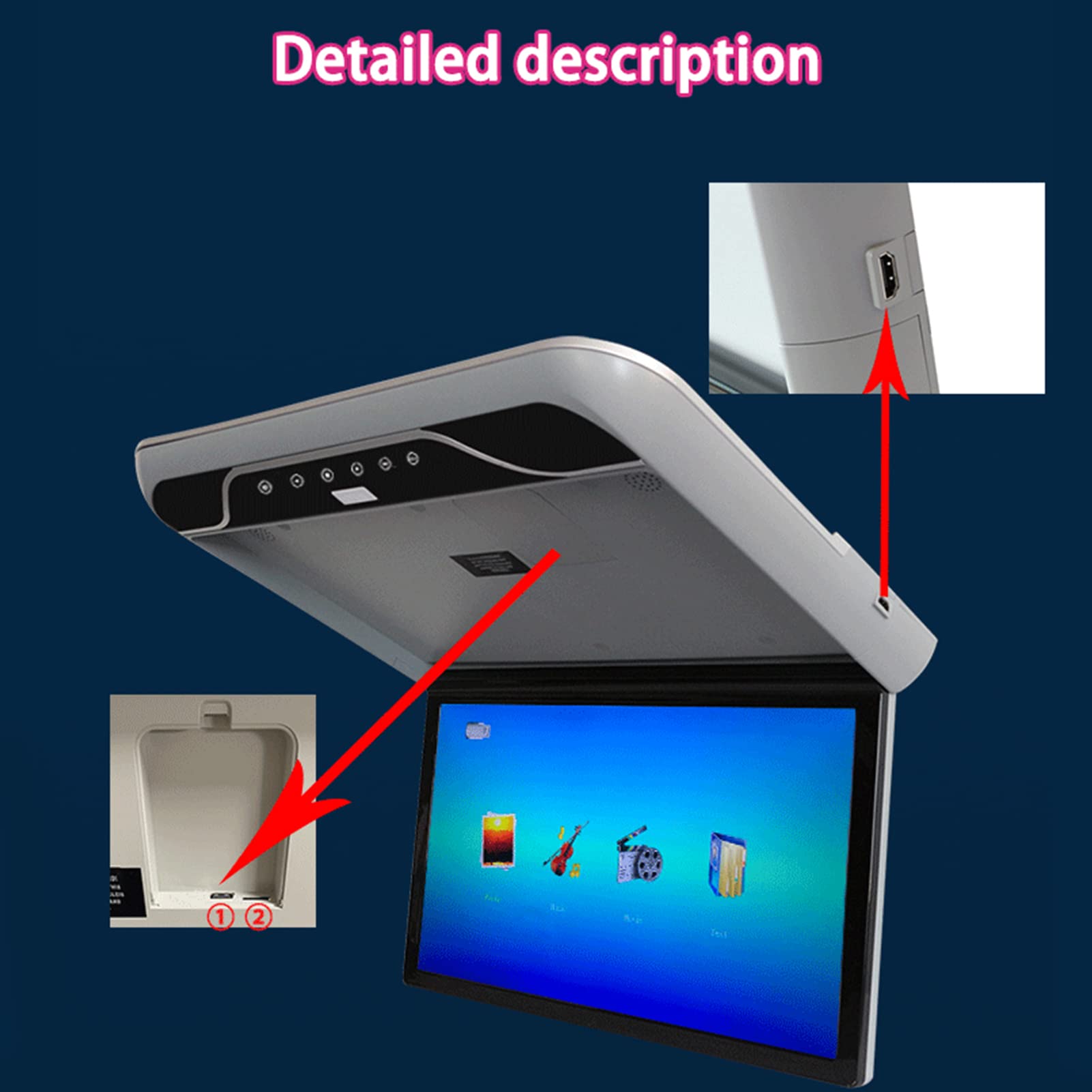 19in LCD 1080P Car Overhead Flip Down Monitor Techo de Visualización Completa HD TV Digital con Atmosphere Light Car Stereo Player MP5, HDMI IR FM USB SD 12V / 24V(Gris)