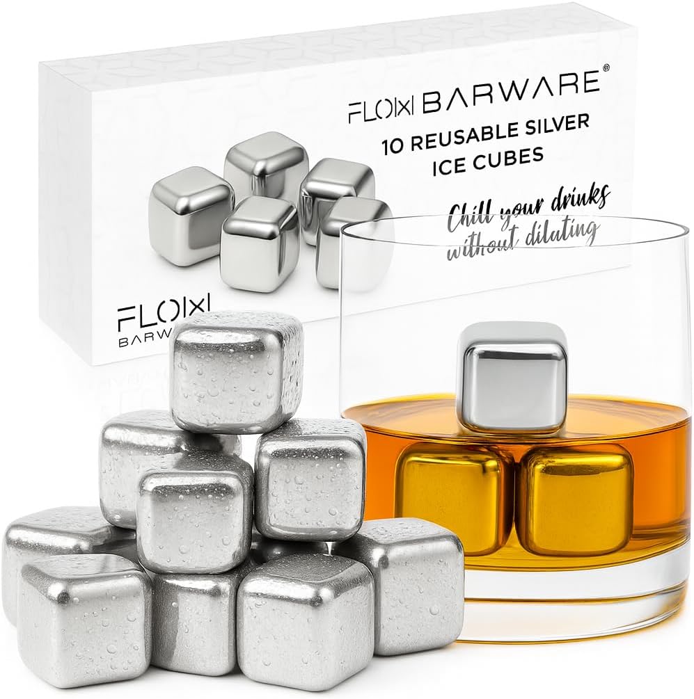 FLOW Barware Metal Whiskey Stones | 10x Metal Ice Cubes for Whiskey, Wine & Gin & Tonic | Steel Ice Cubes Filled with A Quick Freeze Gel for Undiluted Drinks | Silver