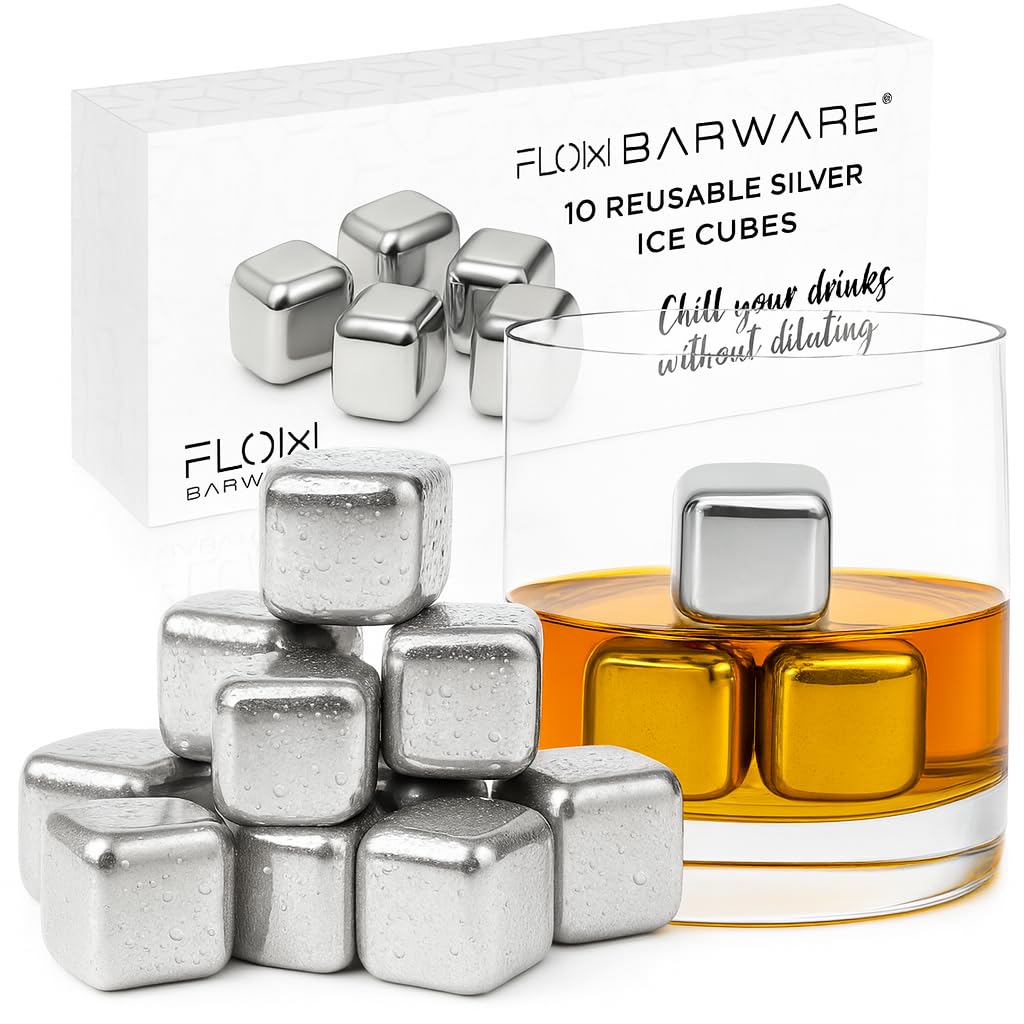 FLOW BarwareMetal Whiskey Stones | 10x Metal Ice Cubes for Whiskey, Wine & Gin & Tonic | Steel Ice Cubes Filled with A Quick Freeze Gel for Undiluted Drinks | Silver