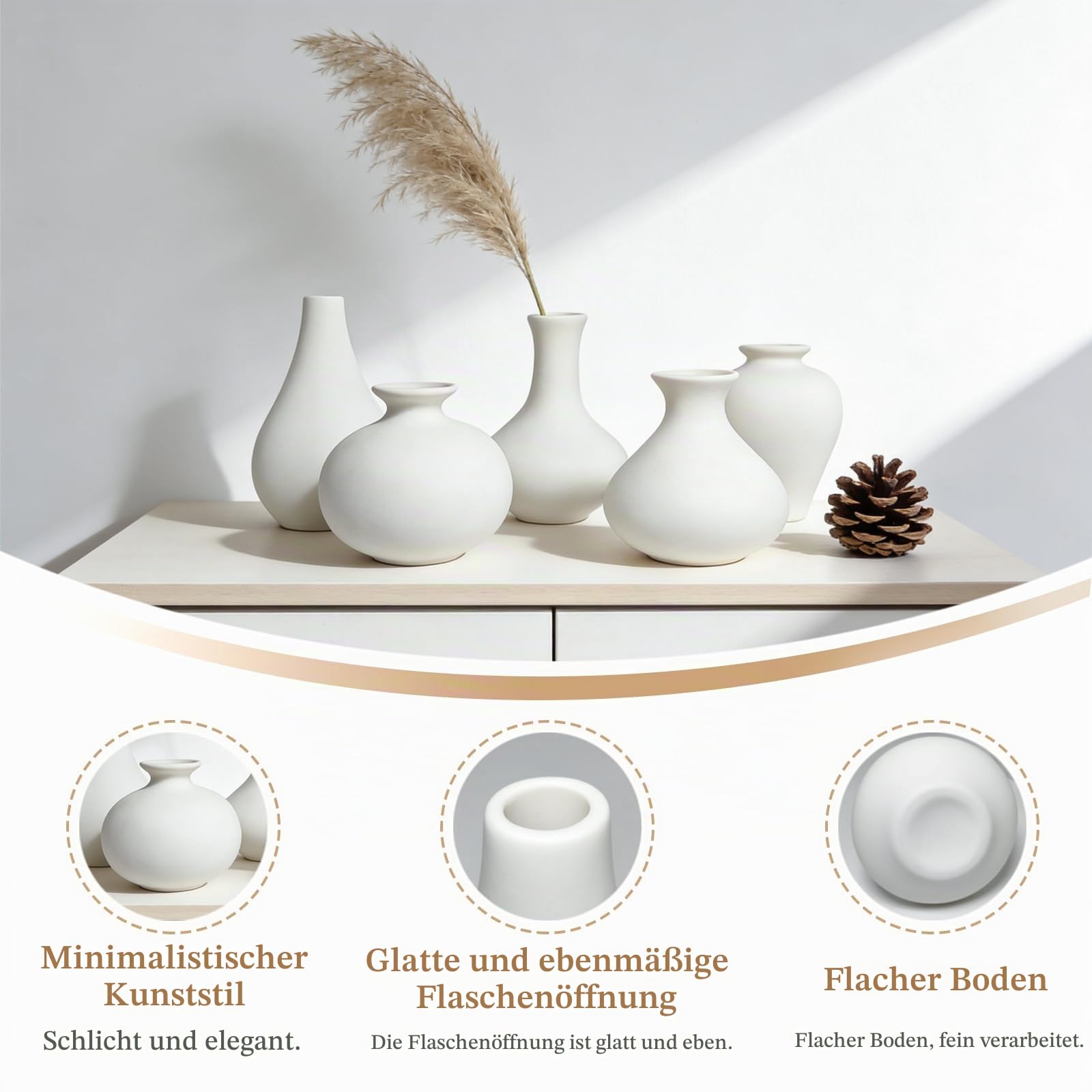 Mini Vasen Set Keramik Weiß 5er Kleine Vasen für Tischdeko Mini Porzellan Vase Keramik Vase Weiss Matt Moderne Deko Vase Weiß für Blumen Pampasgras Wohnzimmer Eingangs und Tisch Dekoration