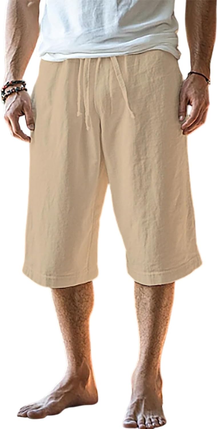 WENKOMG1 Men's Casual Lightweight Workout Cotton Linen Summer Beach 15Inch Inseam Shorts, M-3XL