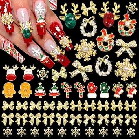 BELICEY 52Pcs Christmas Nail Charms Gold 3D Bow Snowflake Elk Charms for Nails Design with Gems Rhinestones Accessories Metal Nail Art Supplies Winter Holiday Nail Decorations Cover
