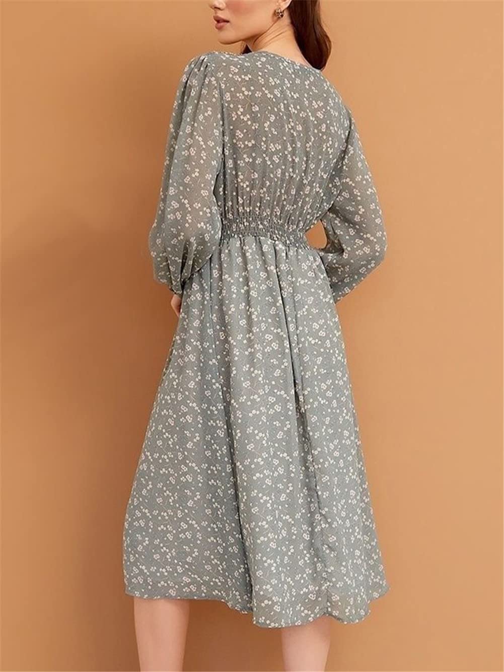 Vestido midi de manga larga con cuello en V y estampado floral para mujer, estilo francés, cintura imperio