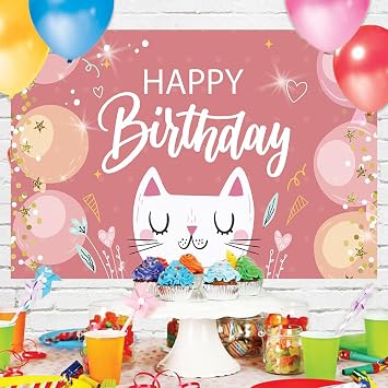 Cartoon Happy Cat Birthday Banner 5x3Ft