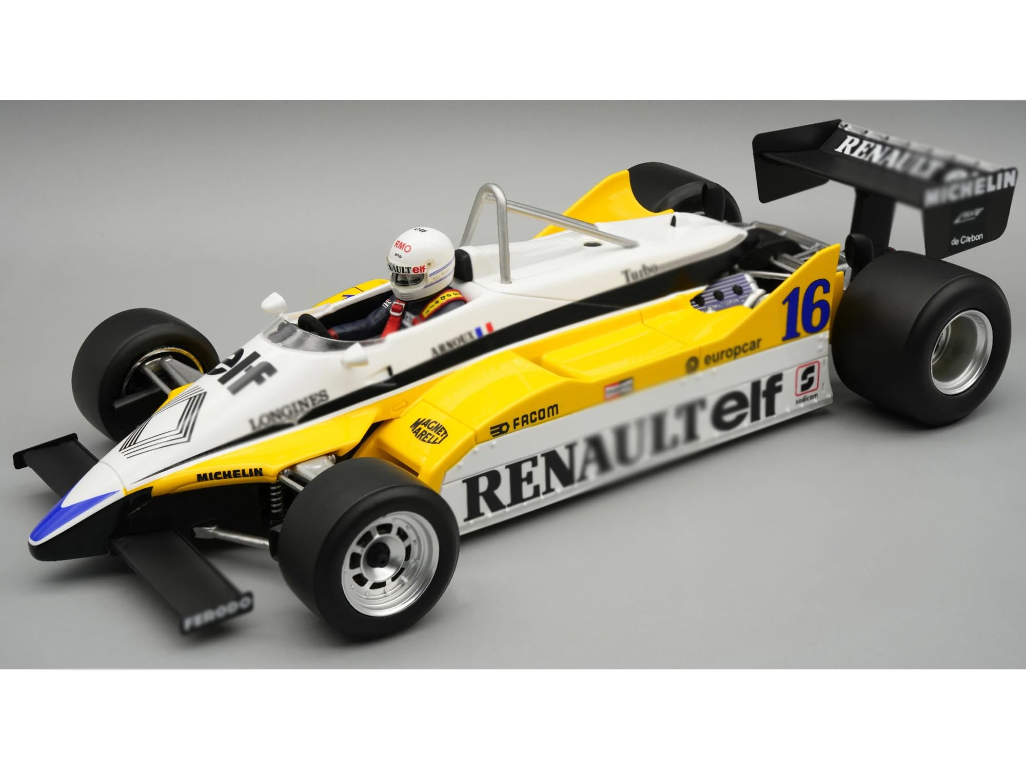 TECNOMODEL RE30B #16 Rene Arnoux Winner F1 French GP (1982) "Seria Mythos z figurką kierowcy i gablotą, edycja limitowana do 55 sztuk na całym świecie model samochodu 1/18 TMD18-399D
