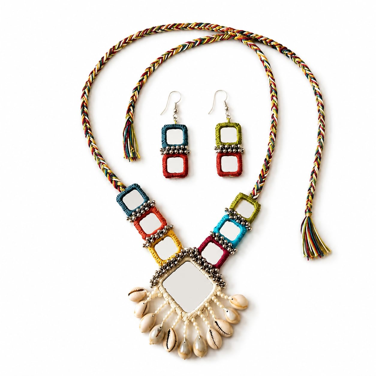 Handmade Kutchi Embroidery Necklace Set with Earrings, Traditional Gujarati Mirror Work, Shell & Bead Embellishment, Boho Tribal Style-image-11
