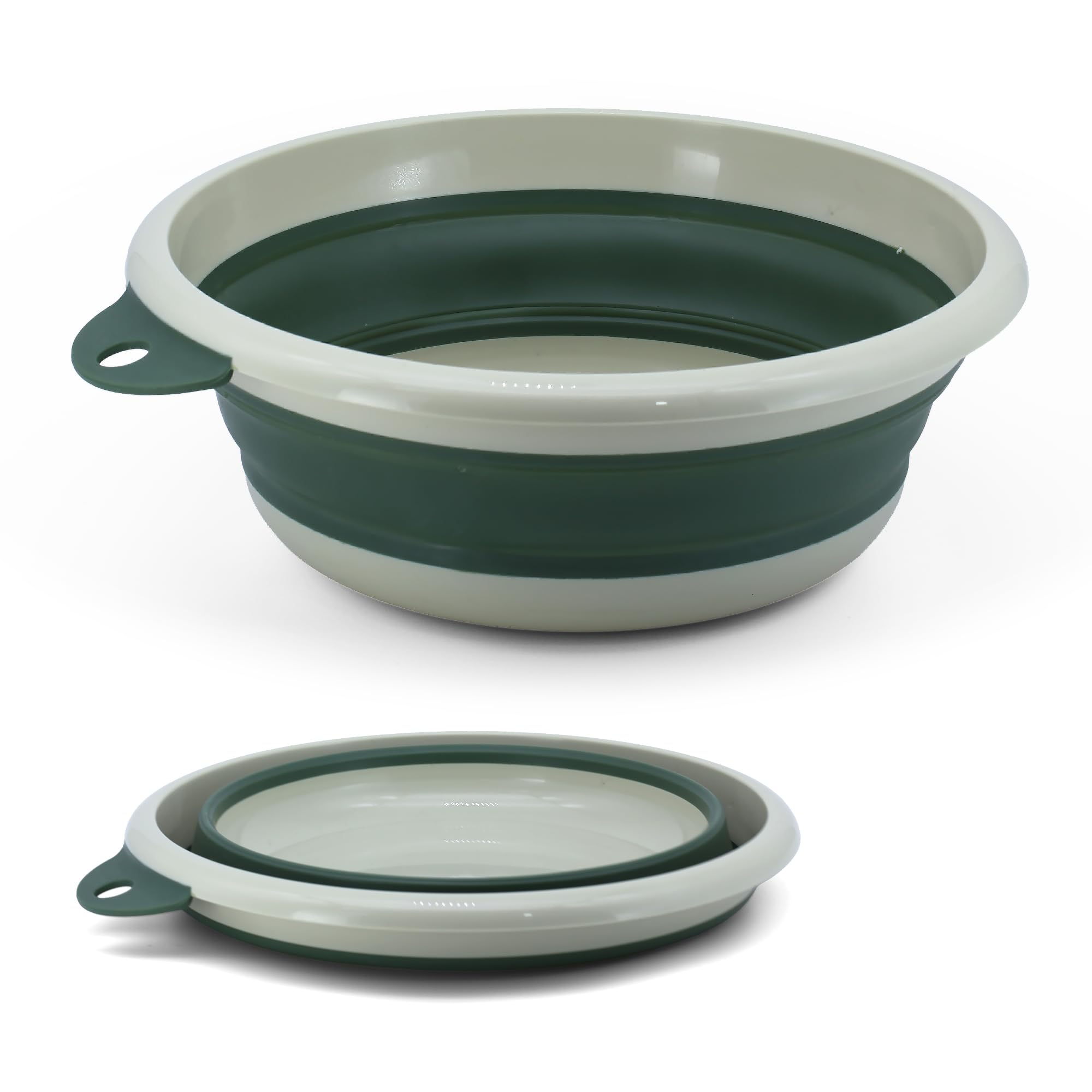 Collapsible Wash Basin Set (2 Pack) - Round Portable Foldable Plastic Basins for Laundry, Travel, Camping - Small & Medium Sizes (Dark Green)