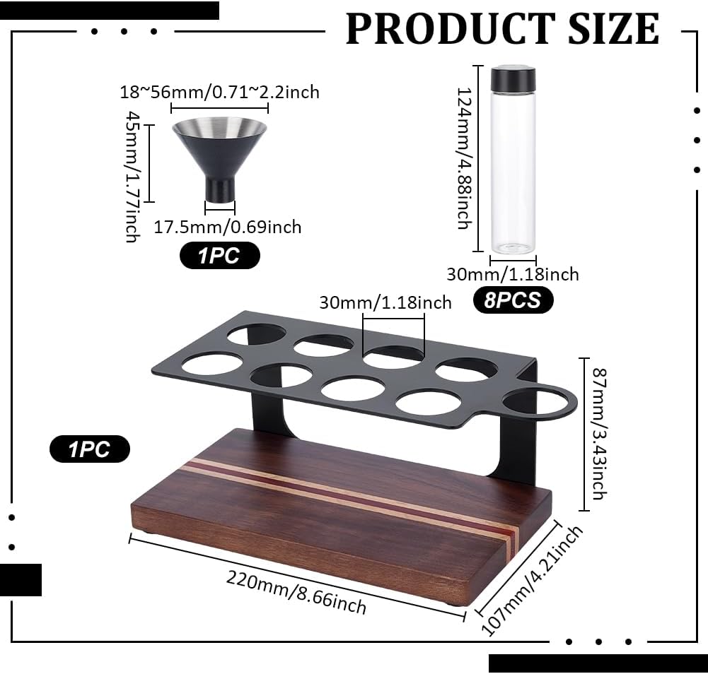 UNICRAFTALE 8 Single Dose Coffee Bean Storage Tubes with Walnut Wooden Display Stand and Hopper Coconut Brown Coffee Bean Display Stand for Cafe Tea Spices 4.21"x8.66"x3.42"