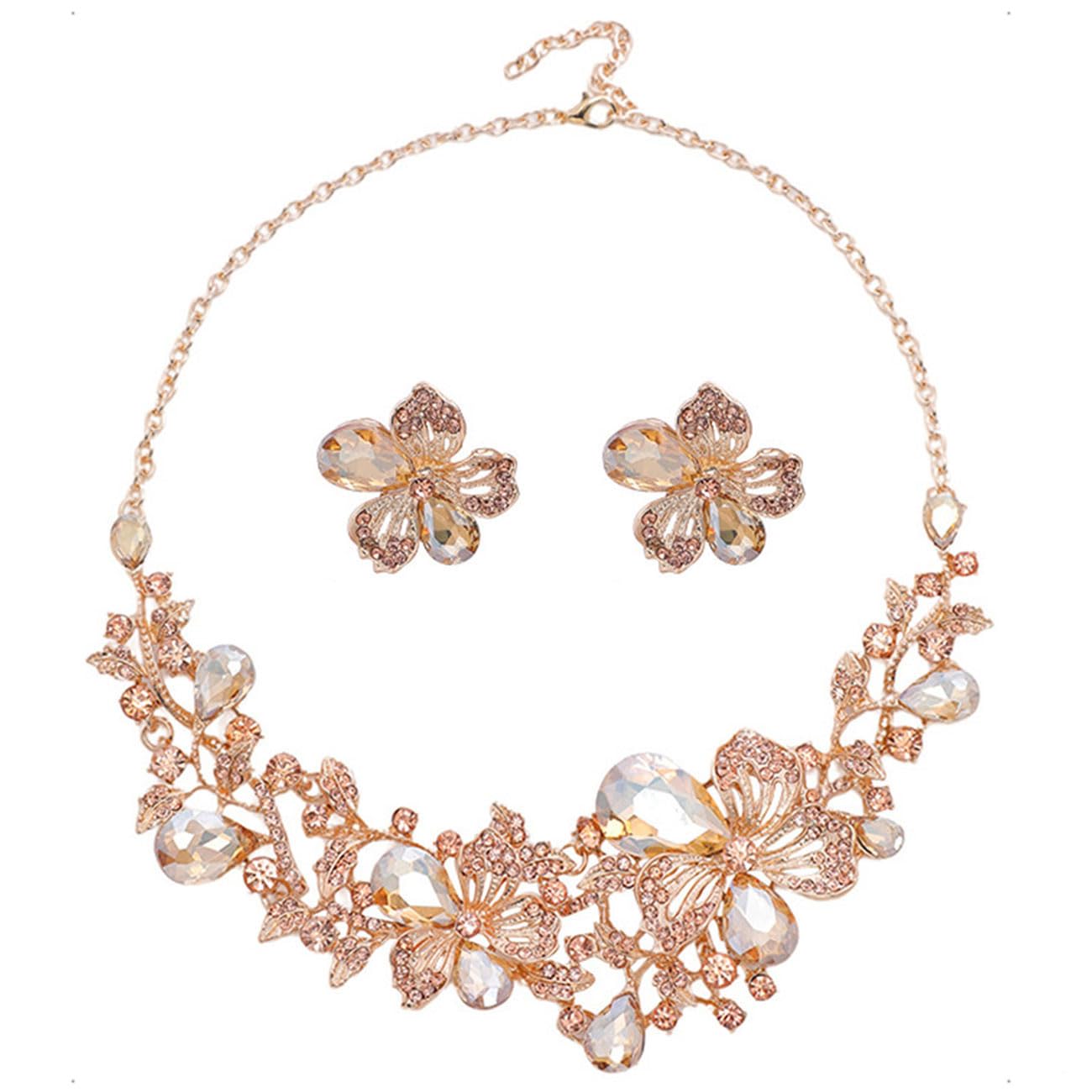 KONFEN Conjunto de Joyas de Boda, Juegos de Joyas Mujer, Cristal Conjunto Pendientes y Collar Mujer, Cristal Flor Hoja Novia Set para Boda Novia Mujeres y Niñas (Verde/Blanco/Morado/Rojo/Champán Oro)