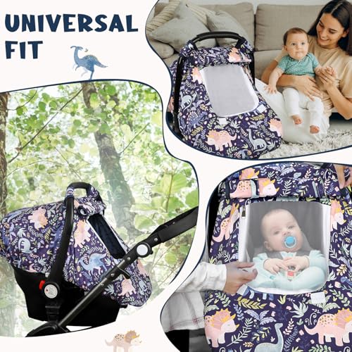 Image of Pea Pod Car Seat Cover Baby, Infant Car Seat Canopy Covers for Newborn with 2 Layers Windows of Breathable Mesh Fabric, Lightweight Polyester /Soft Minky Dot Backing (Dinosaur)