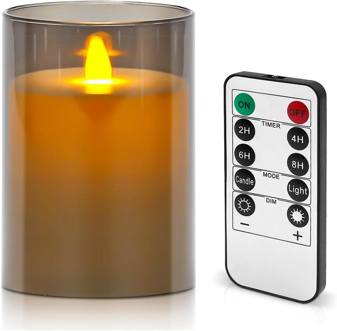 Lerelin Flickering LED Candles, Grey Glass Real Wax Battery Candles