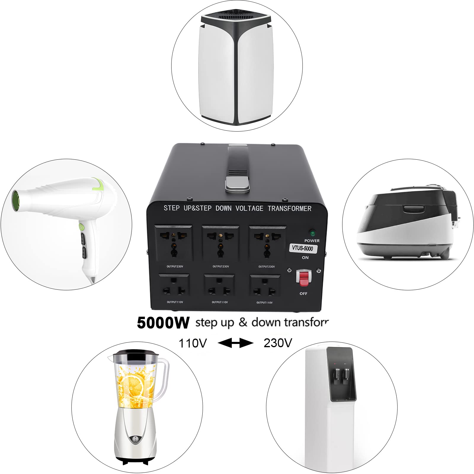 5000W Voltage Converter Transformer Heavy Duty Step Up/Down Convert from 110-120 Volt to 220-240 Volt and from 220-240 Volt to 110-120 Volt with Circuit Breaker Protection