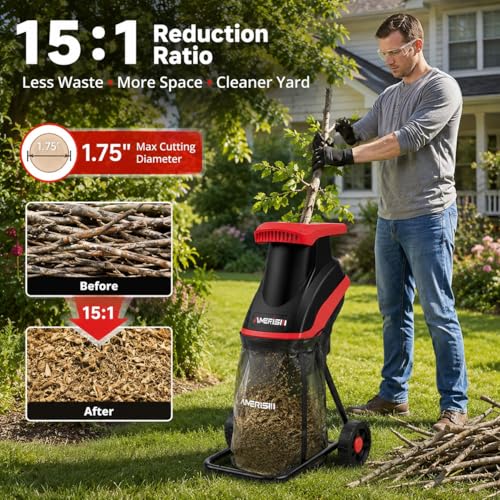 Image of AMERISUN Electric Wood Chipper Shredder 15-Amp, 4200RPM Leaf Mulcher with 1.75-Inch Branch Capacity, Portable Yard Waste Shredder with 50L Collection Bag for Garden, Lawn & Landscaping Cleanup
