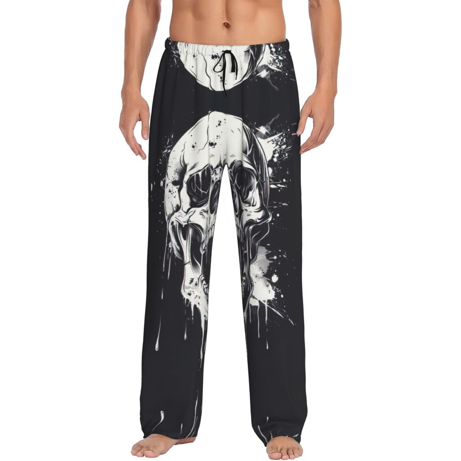 Jejea Men's Black Horror Ghost Skull Print Pajama Pants, Warm Lounge Pj Bottoms For With Pockets Drawstring Comfortable