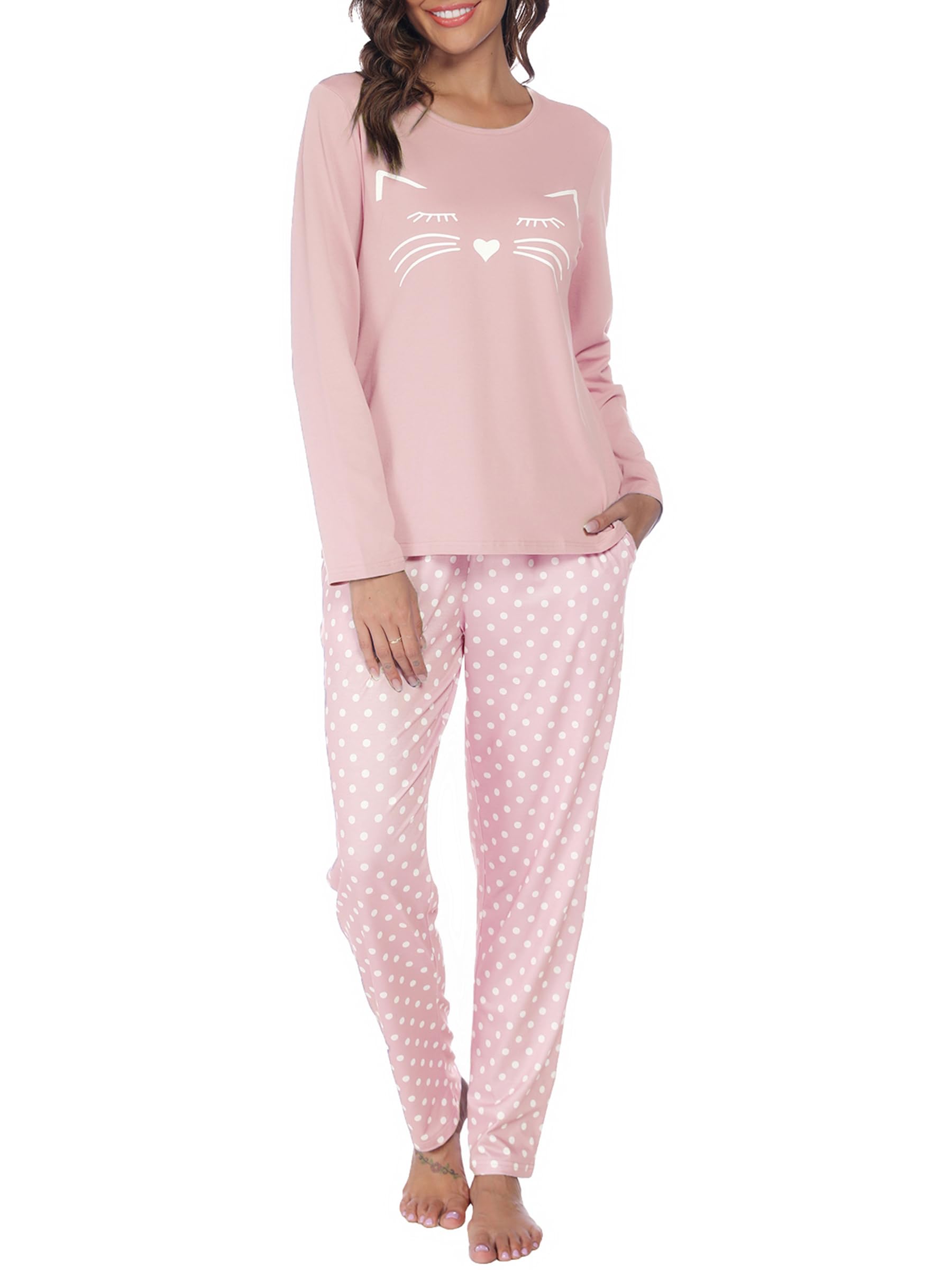 Reliwel Schlafanzug Damen Lang Baumwolle Pyjama Set Winter Oberteil und Schlafanzughose Langarm Loungewear Sleepwear Hausanzug Kuschelig Freizeitanzug