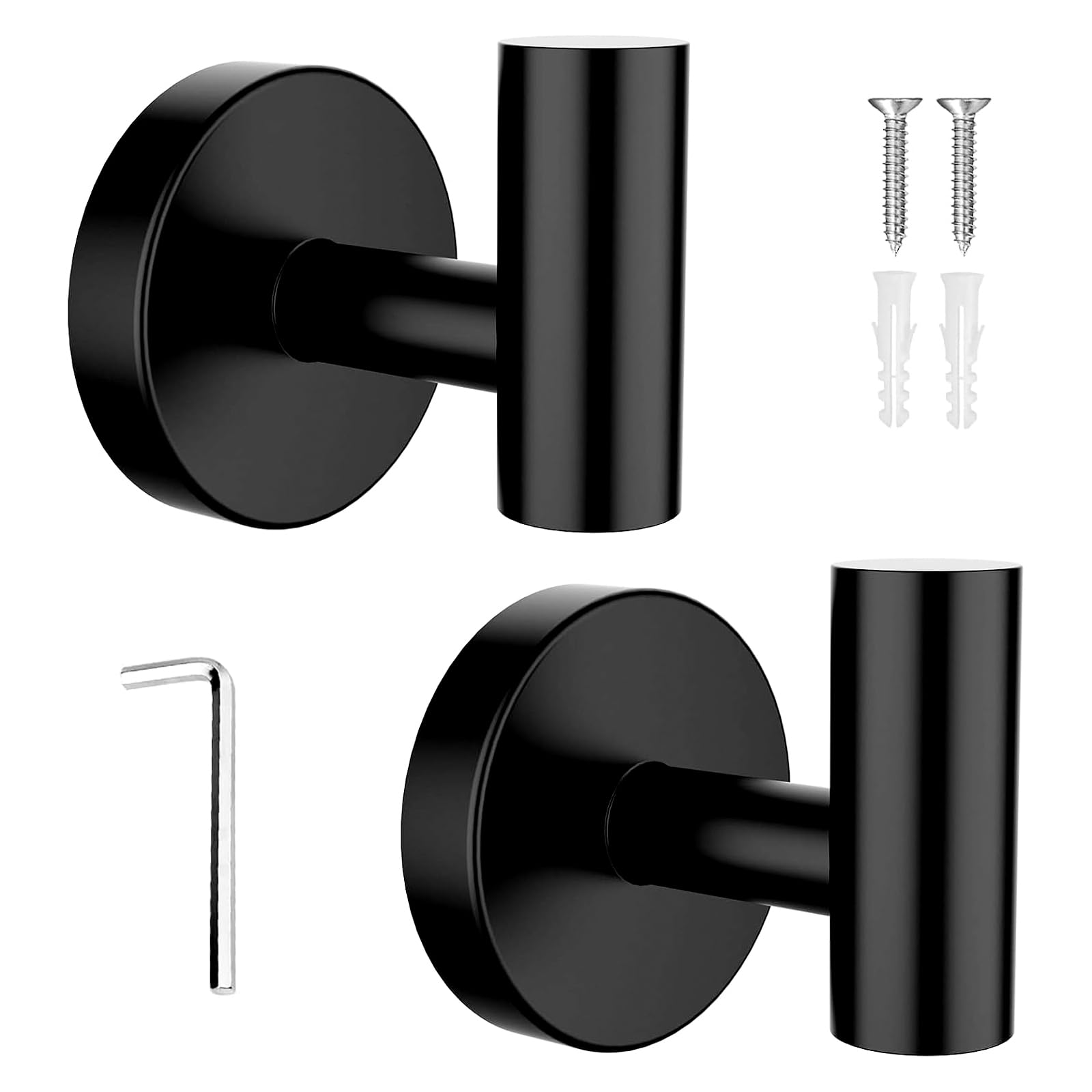 IUSOT Bathroom Hooks, 2 Pack Matte Black SUS304 Stainless Steel Screw in Wall Mount Towel Hooks, Heavy Duty Door Hook Black Towel Hook Black Coat Hooks for Robe, Coat, Towel and Sponge Storage