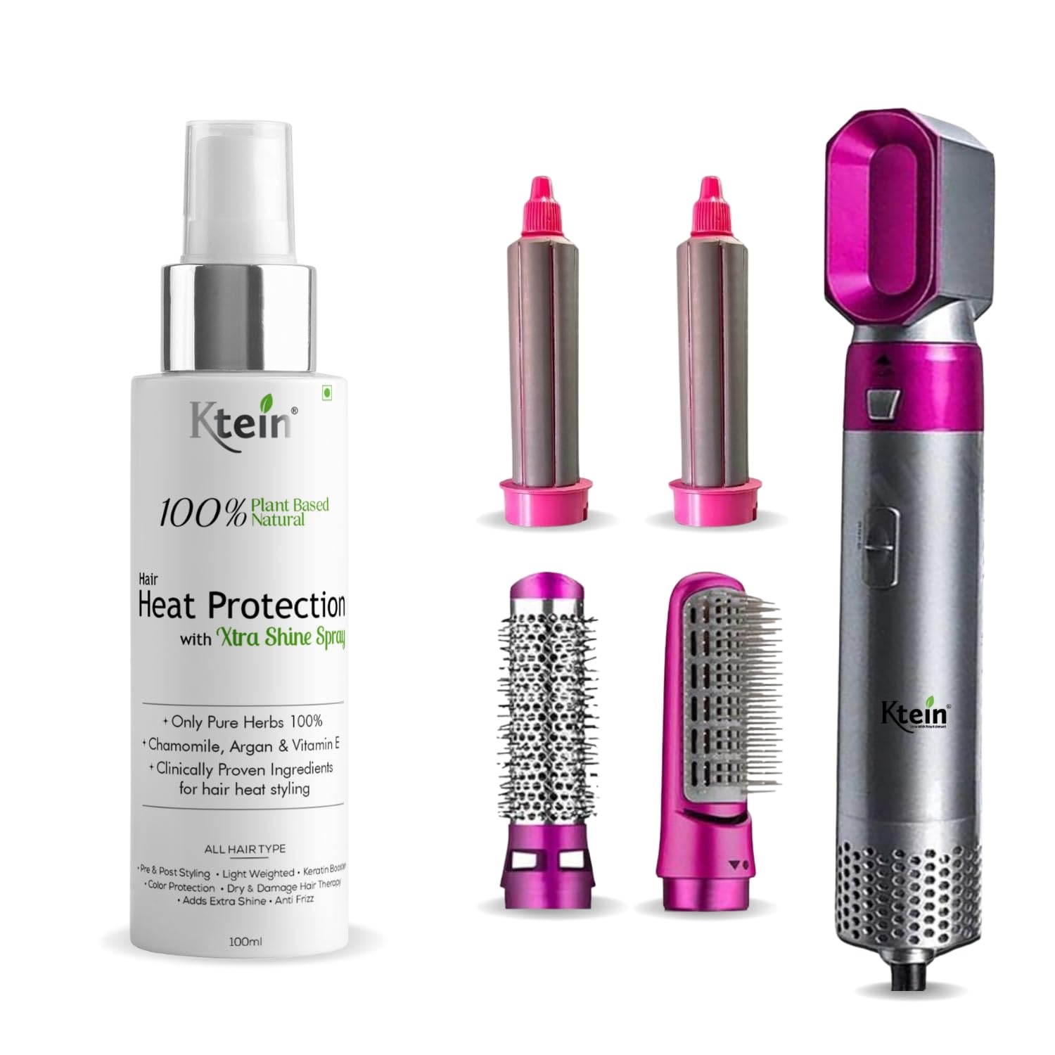 Ktein Hair Styling Combo | Extra Shine Heat Protection Spray -100ml & 5-in-1 Hot Air Styler Dryer with Curling, Straightening & Volumizing Attachments-picture-17