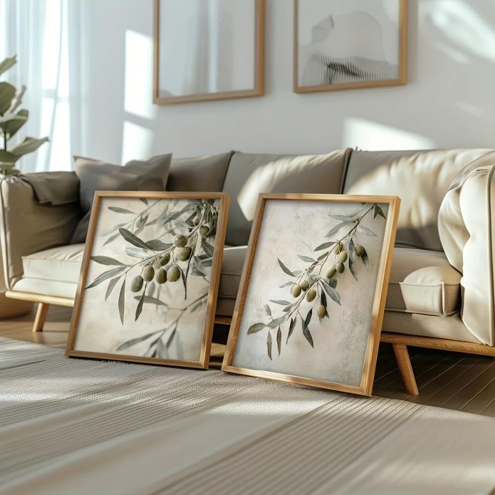 Cuadros y láminas con diseño de ramas de olivo, estilo retro mediterráneo, con hojas verdes y pósteres (60x90cm - 2 unidades).
