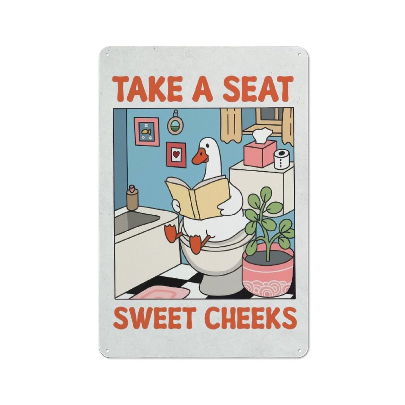 Junmoney Style-24 Goose Reading On The Toilet Rustic Metal Sign 30X20cm, Barn Style Farmhouse Wall Decor For Kitchen, Cottage, Porch Or Garden Room